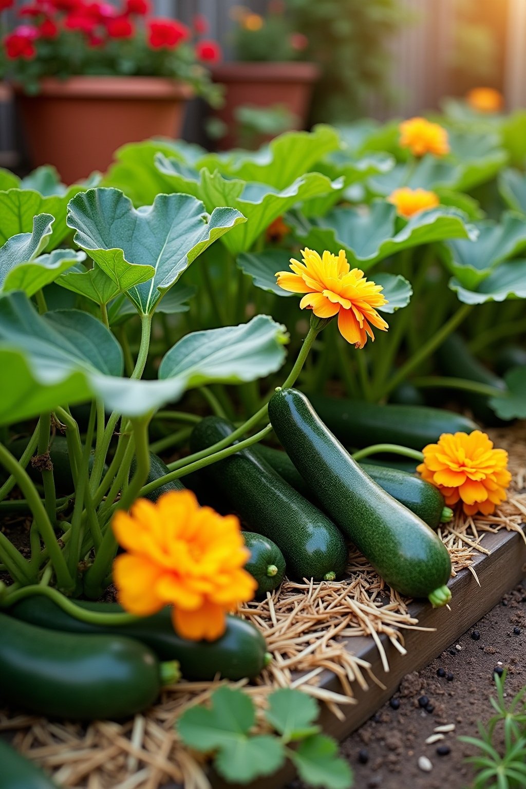 A lush vegetable garden scene with abundant dark green zucchini plants bearing glossy green zucchini and bright golden yellow summer squash, large orange squash blossoms fully open, a straw mulch l...