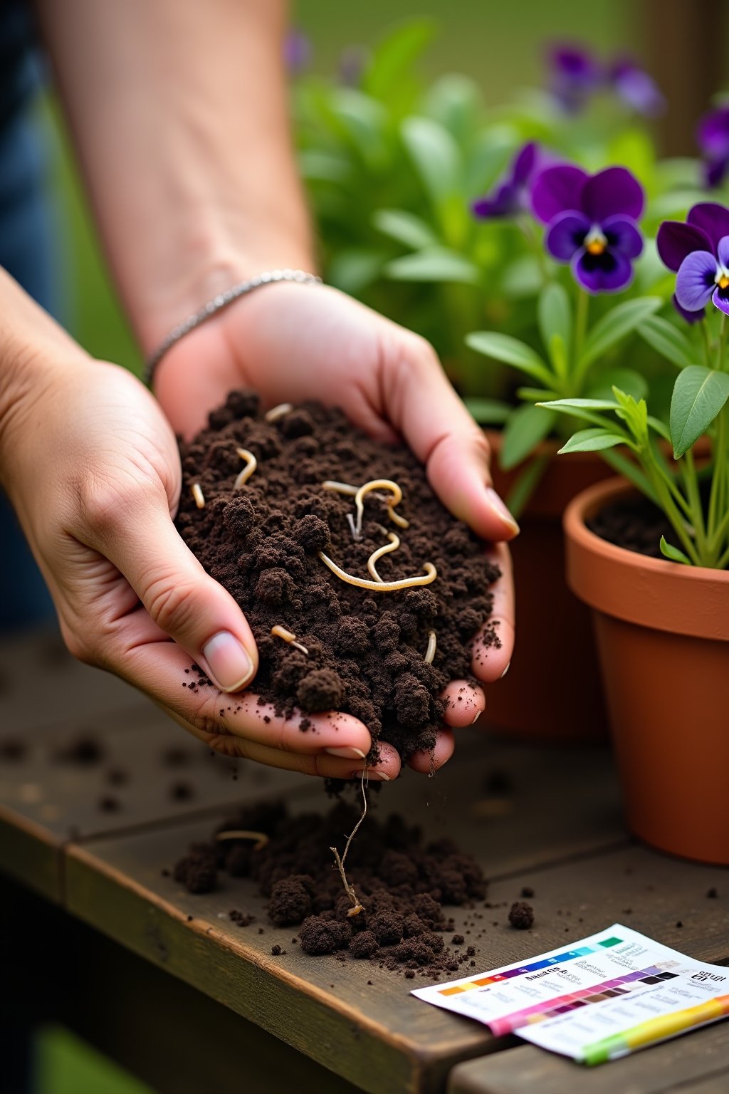 Close-up of hands holding a clump of rich dark crumbly garden soil with visible earthworms and root fragments, bright green seedlings emerging in the background, a terracotta pot with purple pansie...