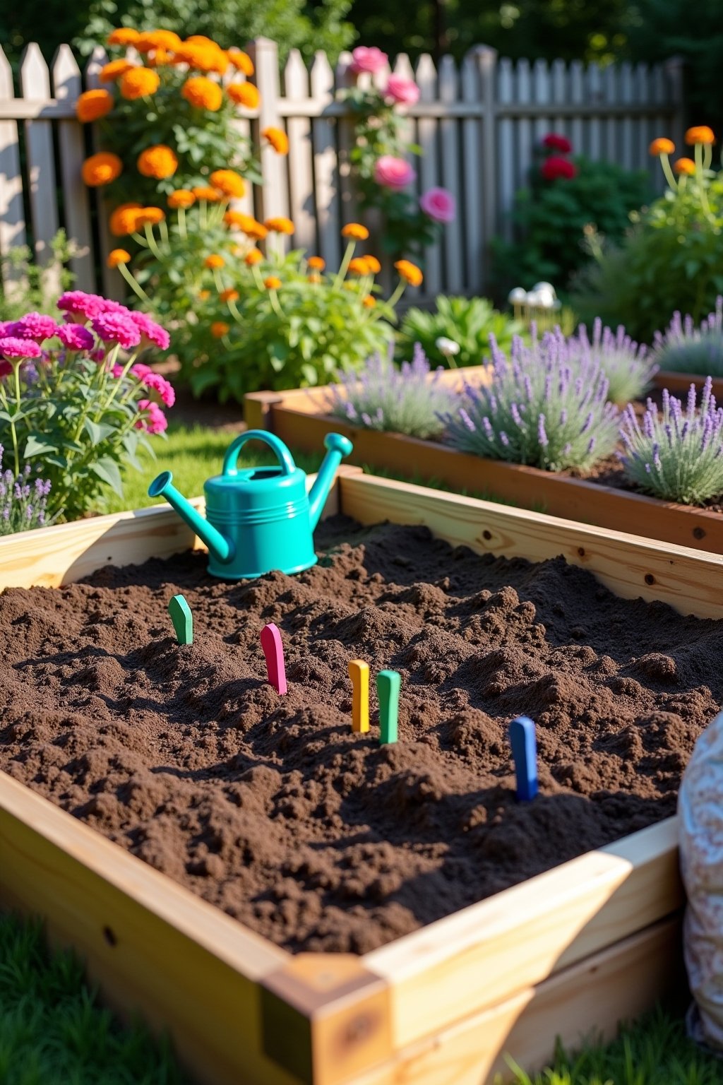 A beautifully prepared raised garden bed with dark rich soil ready for planting, neat rows marked with colorful wooden plant markers, a watering can in bright teal sitting on the edge, bags of orga...