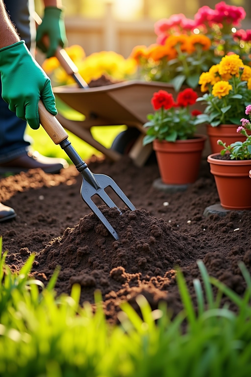 A lush spring garden bed being prepared for planting, rich dark compost being spread over brown soil with a garden fork nearby, colorful terracotta pots with bright red geraniums and yellow marigol...