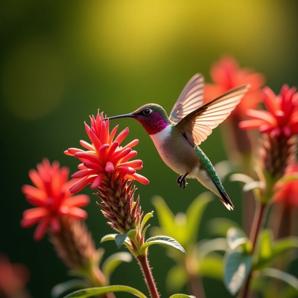 hummingbird feeding on red salvia flowers in garden