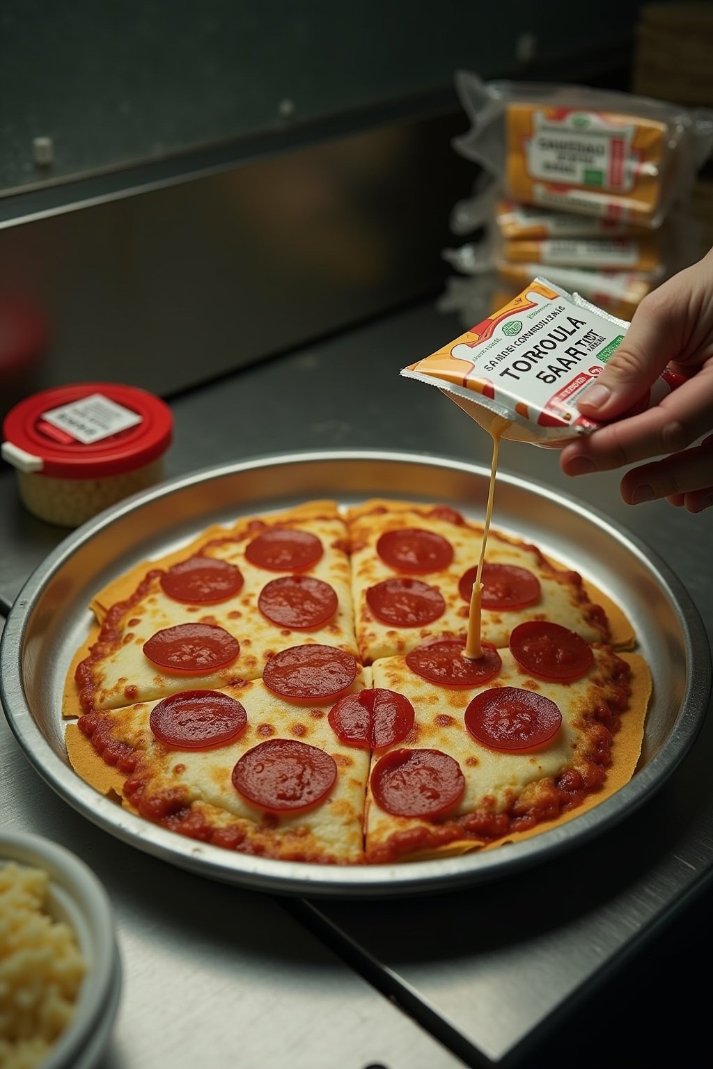 Tortilla being layered with ketchup packets squeezed as pizza sauce, sliced summer sausage rounds and pepperoni, squeeze cheese being applied, on a metal tray, commissary packaging around