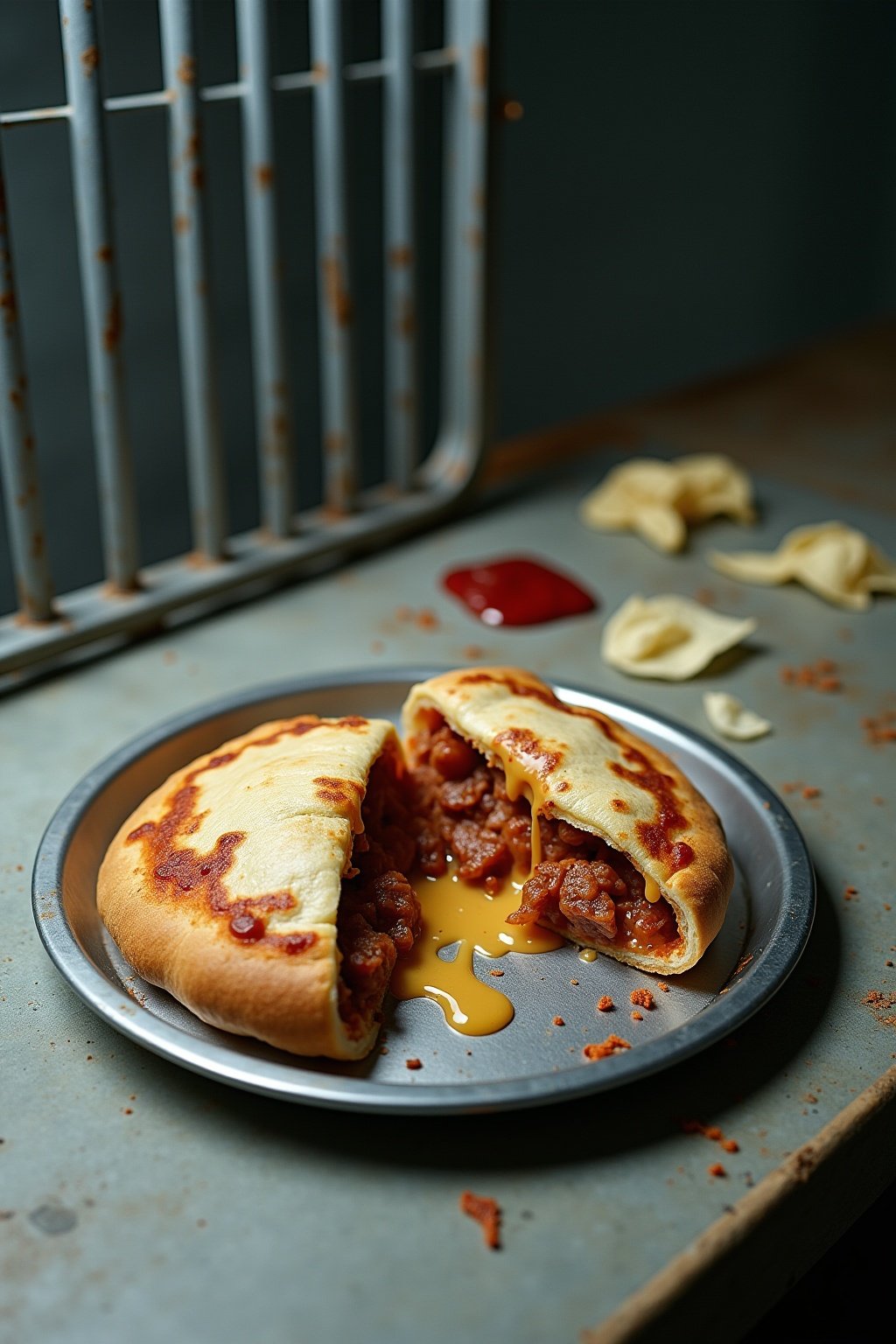 Jailhouse pizza calzone cut open on a metal tray showing melted cheese and meat filling inside the tortilla, ketchup packets and crushed chips scattered around, bare concrete table, fluorescent lig...