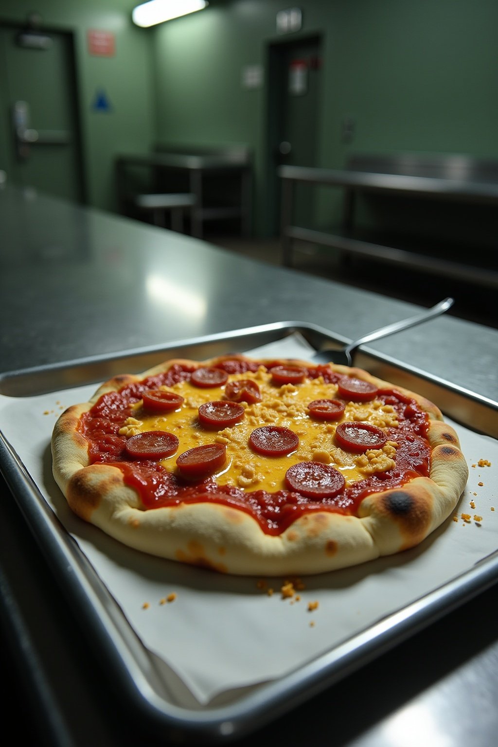 Jailhouse pizza made on a flour tortilla on a metal cafeteria tray, ketchup sauce with sliced summer sausage and pepperoni, squeeze cheese melted on top, crushed doritos sprinkled over, folded in h...