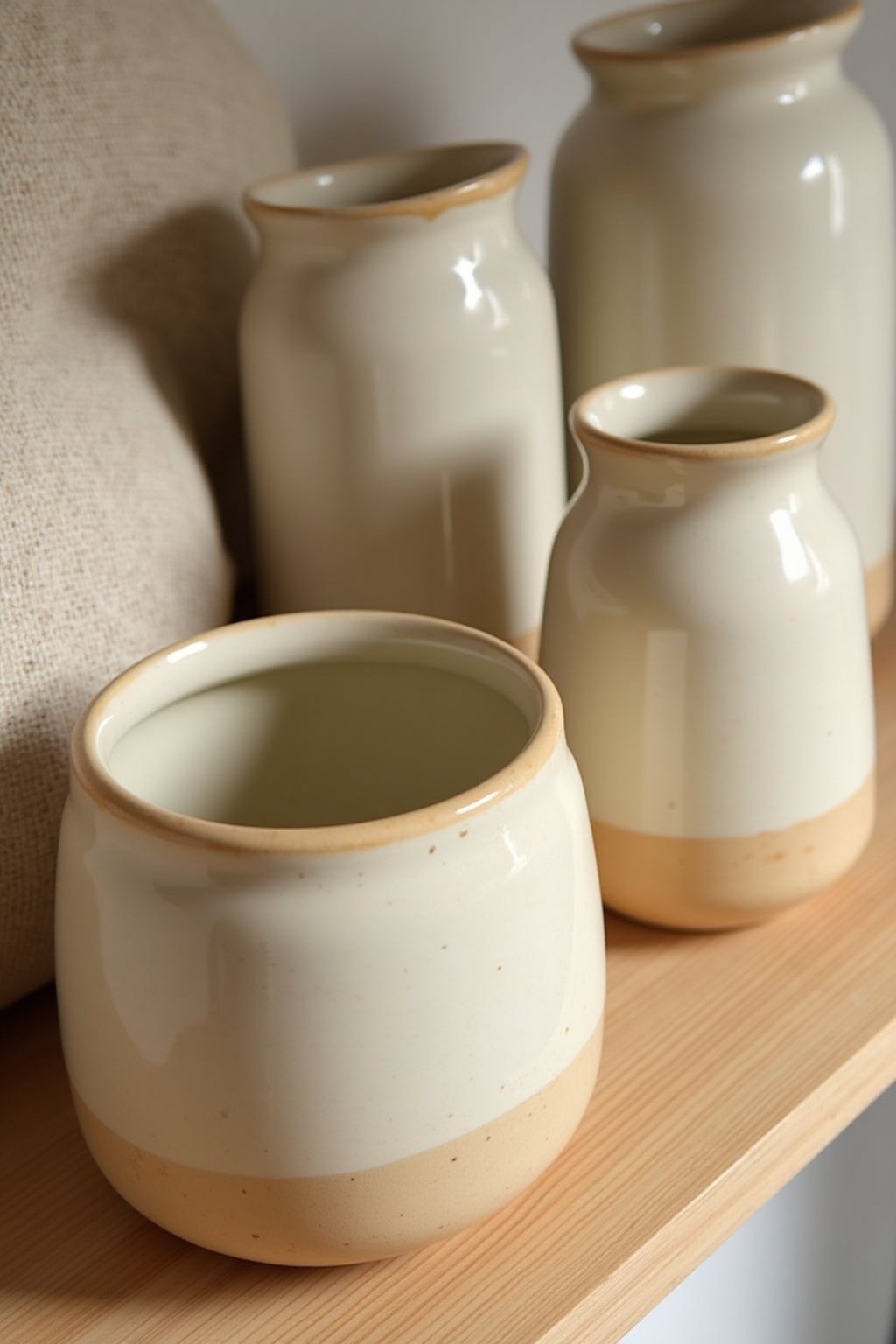 Close-up of Japandi kitchen styling, three handmade ceramic vessels in graduated sizes on a light oak shelf, warm cream glaze with subtle imperfections, natural linen texture visible behind, shallo...
