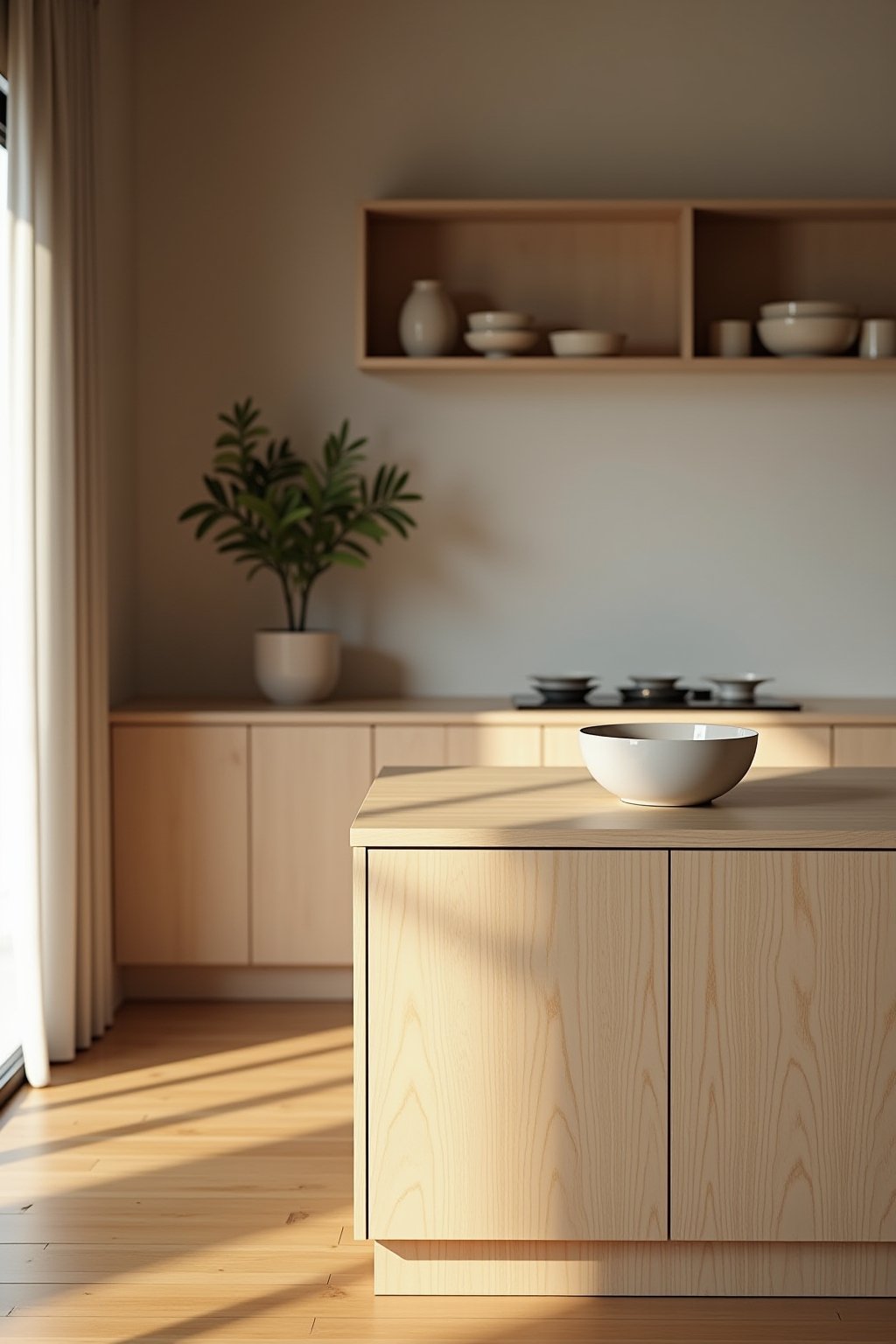 View from dining area into a Japandi kitchen, light wood island with clean empty surface and single ceramic bowl, open shelving with minimal items in background, warm natural light, peaceful serene...