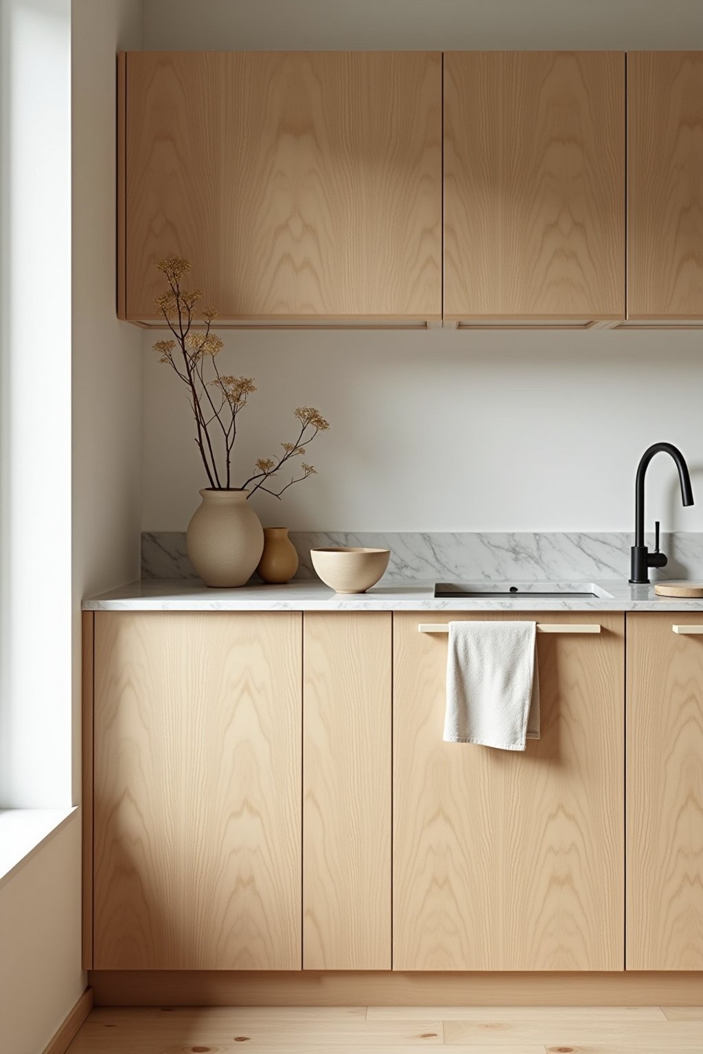 A serene Japandi kitchen with light oak wood cabinets, warm white walls, minimal countertop items, one handmade ceramic bowl on marble counter, single branch in ceramic vase, natural linen towel dr...