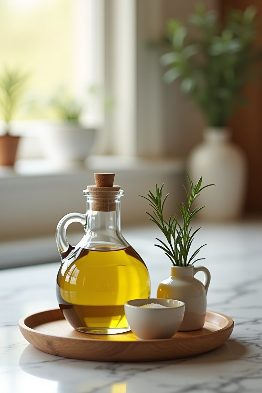 Close-up of kitchen counter vignette, olive oil in glass dispenser, small ceramic salt cellar, rosemary sprig in tiny vase, all grouped on a small wooden tray, marble countertop, shallow depth of f...