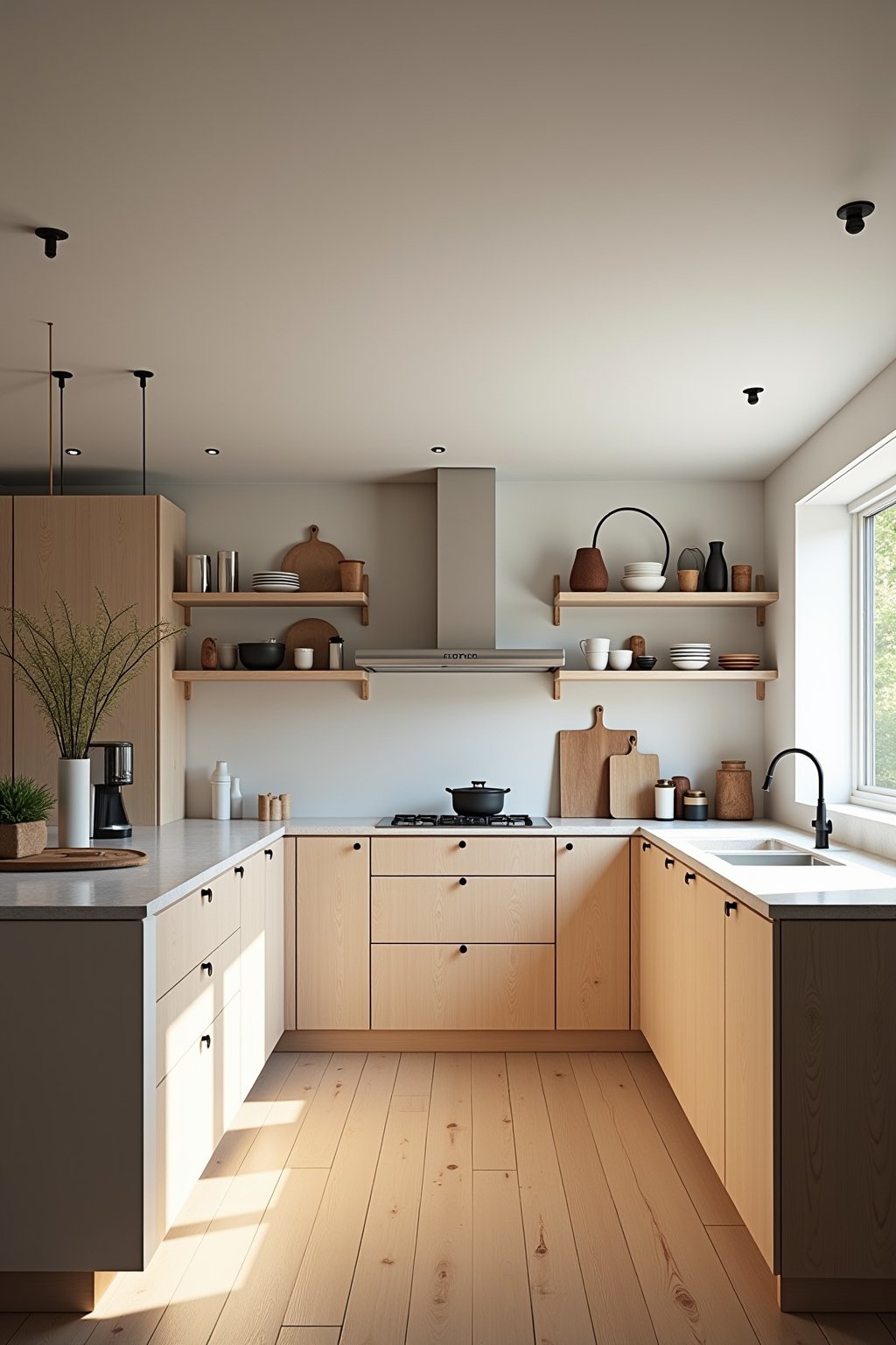Wide view of a styled kitchen from the entry point showing three distinct counter zones with space between them, coffee station on left, cooking zone center, prep area right, each with minimal styl...