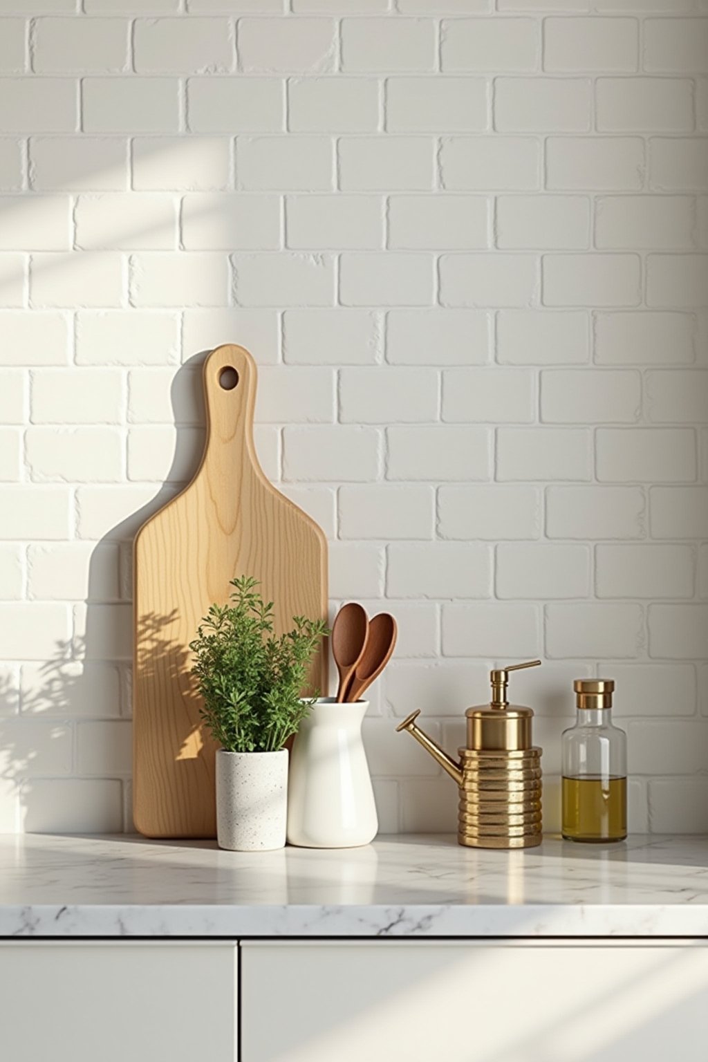 A perfectly styled kitchen countertop showing a curated vignette, wooden cutting board leaning against white backsplash, small herb plant in ceramic pot, brass utensil crock with wooden spoons, gla...