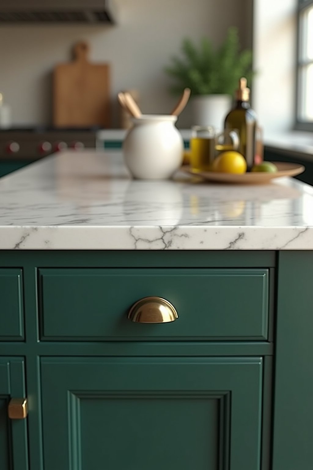 Close-up of painted kitchen island detail, deep forest green paint with visible smooth finish, brass pull hardware, white marble countertop edge, small styling vignette with olive oil bottle and wo...