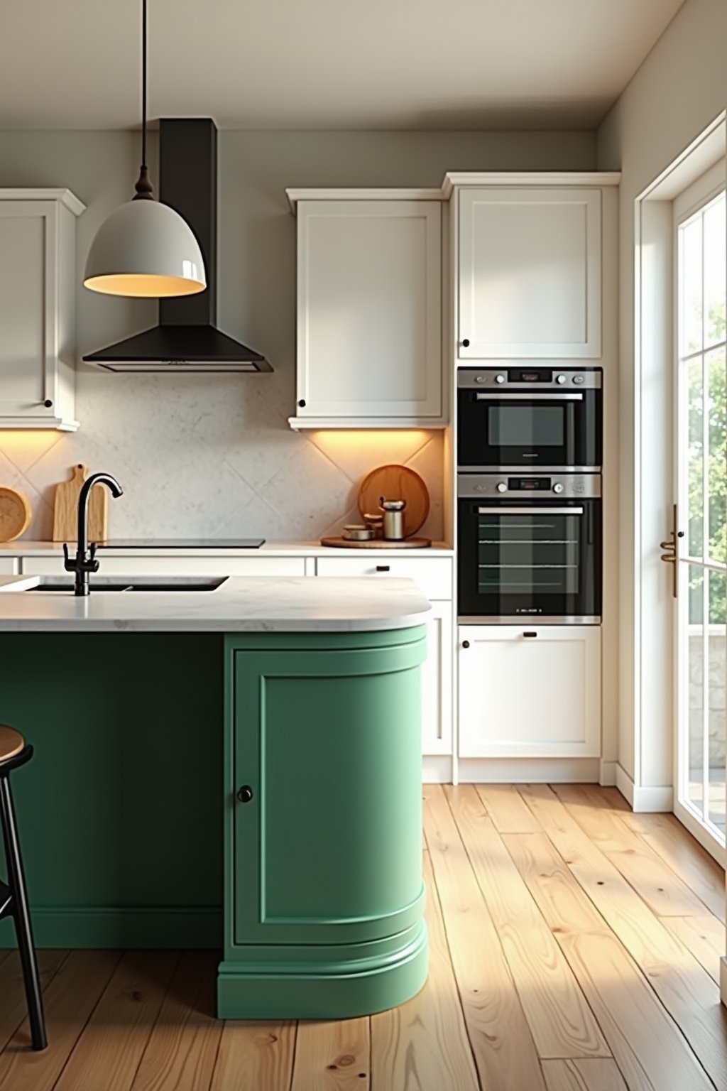 Corner angle view of kitchen showing green painted island in foreground and white cabinets in background, demonstrating the contrast, natural wood floor, warm pendant light, natural daylight stream...