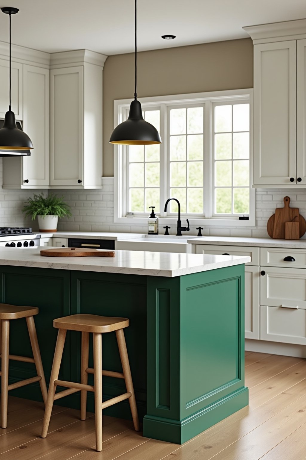 A kitchen with a bold forest green painted island as focal point, white perimeter cabinets, brass cup pull hardware on green island, white marble countertop, pendant lights above, natural wood bar ...