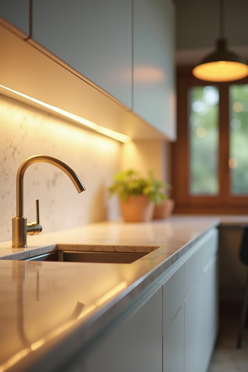 Close-up of kitchen lighting detail, warm LED strip light under a white cabinet illuminating a marble countertop, brass pendant light slightly blurred in background, warm ambient glow, shallow dept...
