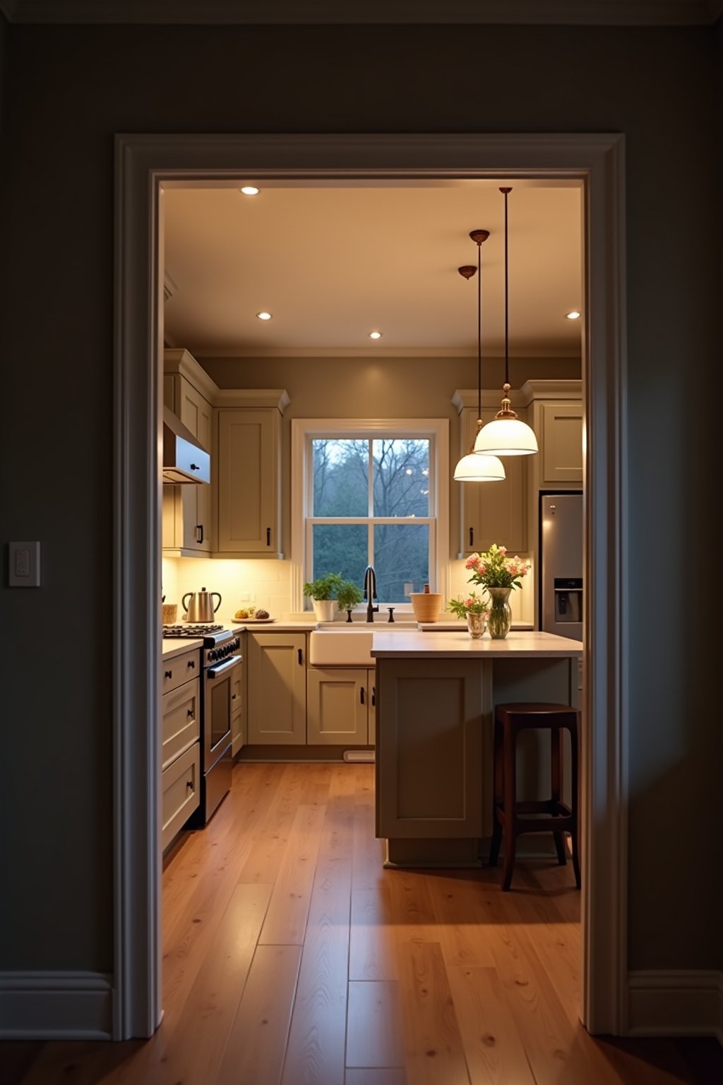 View from kitchen doorway showing layered lighting in action at evening time, pendants glowing over island, under-cabinet lights on, soft ambient lighting, warm inviting atmosphere