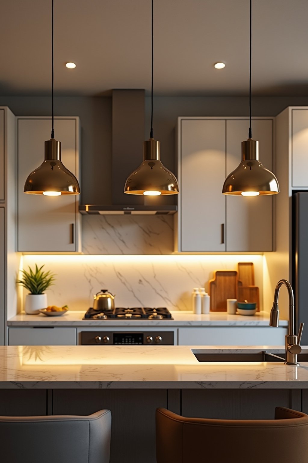 A beautifully lit modern kitchen showing all layers of lighting, three brass pendant lights over marble island, warm under-cabinet LED lighting illuminating countertops, ambient recessed ceiling li...