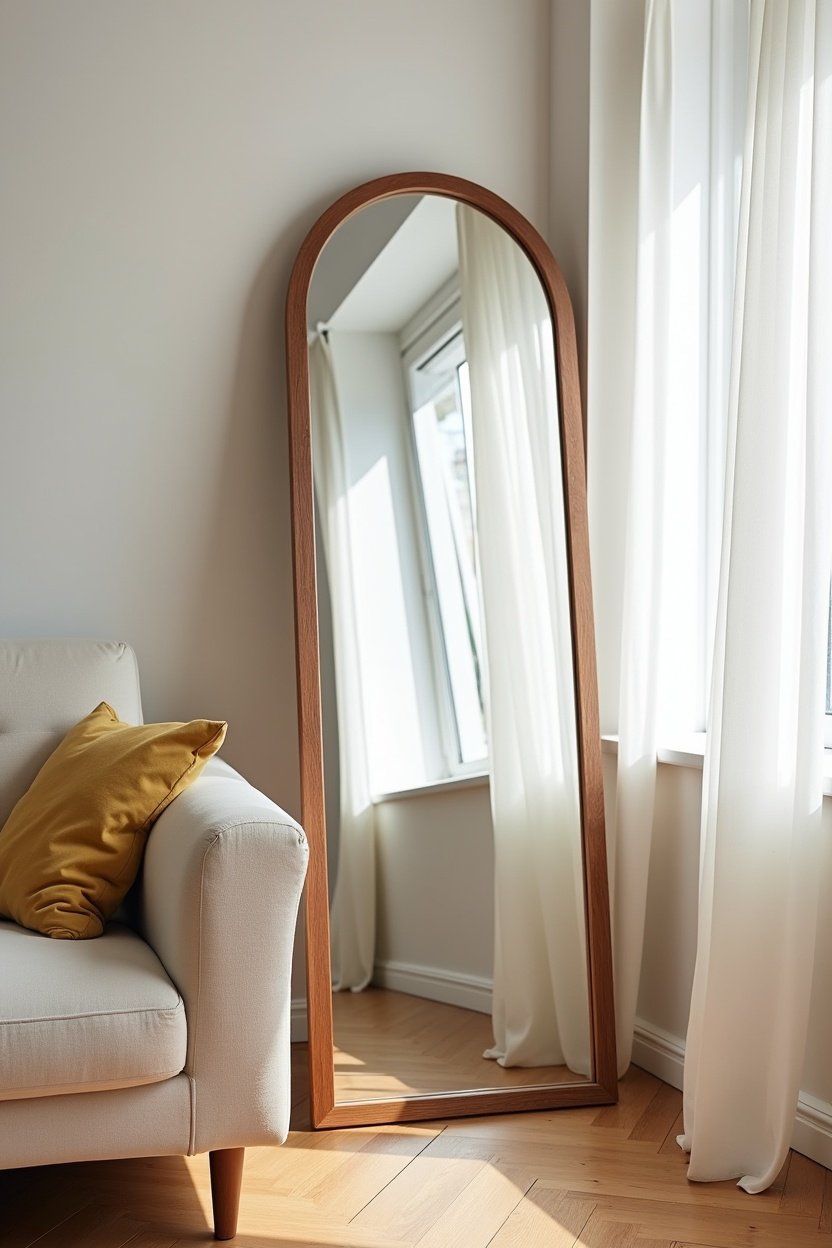 Large arched floor mirror leaning against wall in bright airy living room, reflecting, cream sofa in background, warm hardwood floors, the mirror doubling the perceived space