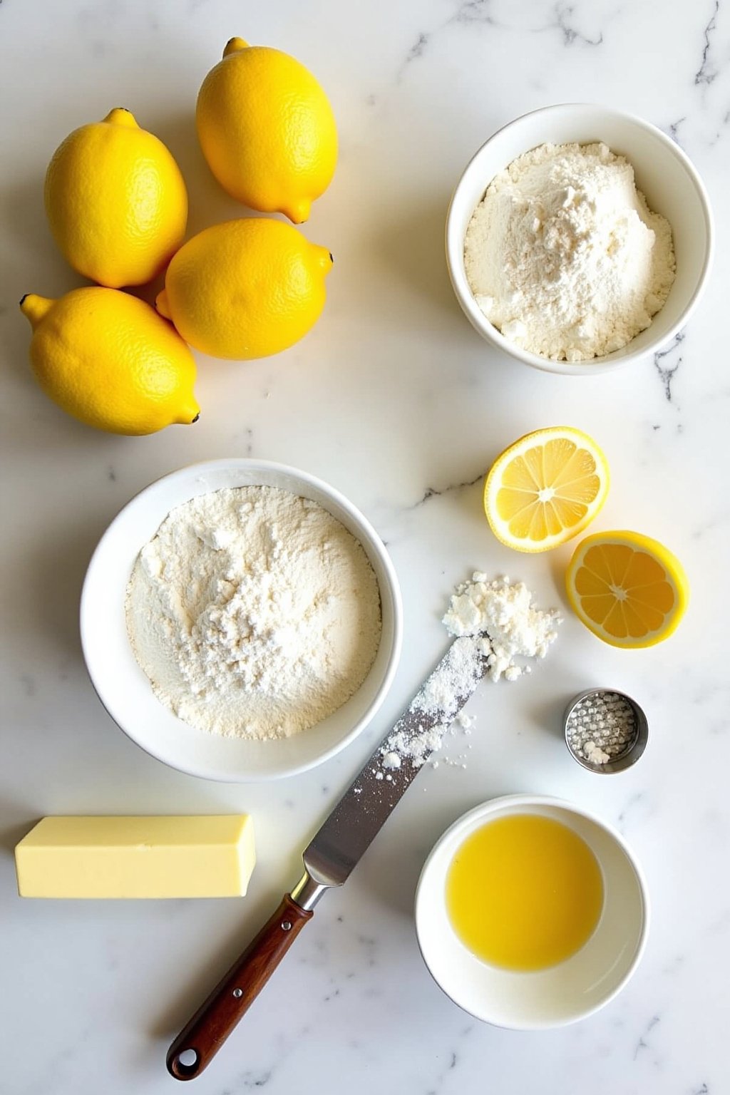 Flat lay of lemon bar ingredients on a bright white marble surface, whole lemons and halved lemons, bowl of flour, stick of butter, eggs, powdered sugar, lemon zester, overhead food photography, br...