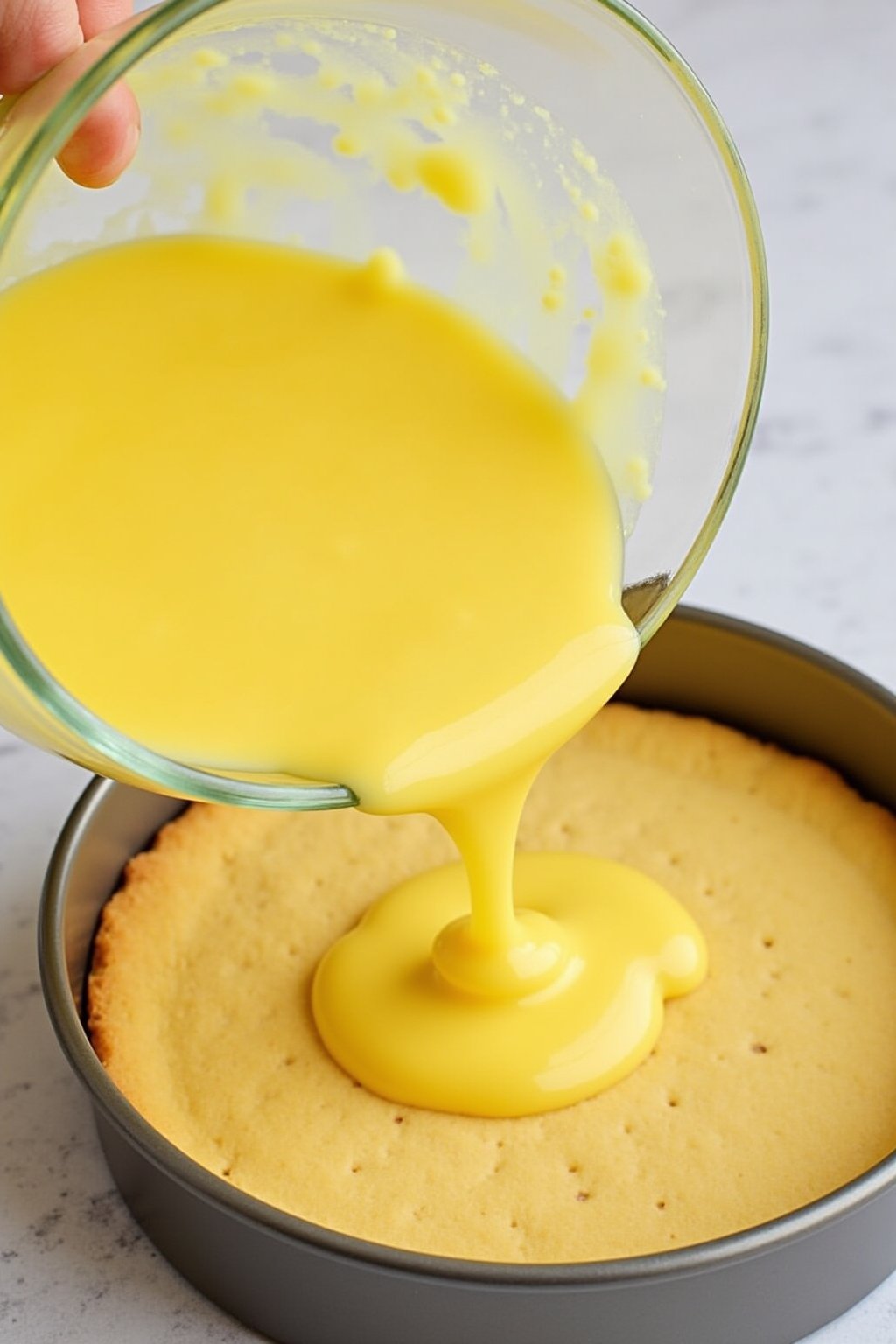 Action shot of pouring bright yellow lemon filling over a pre-baked golden shortbread crust in a baking pan, silky smooth lemon custard being poured from a glass bowl, kitchen baking scene, bright ...