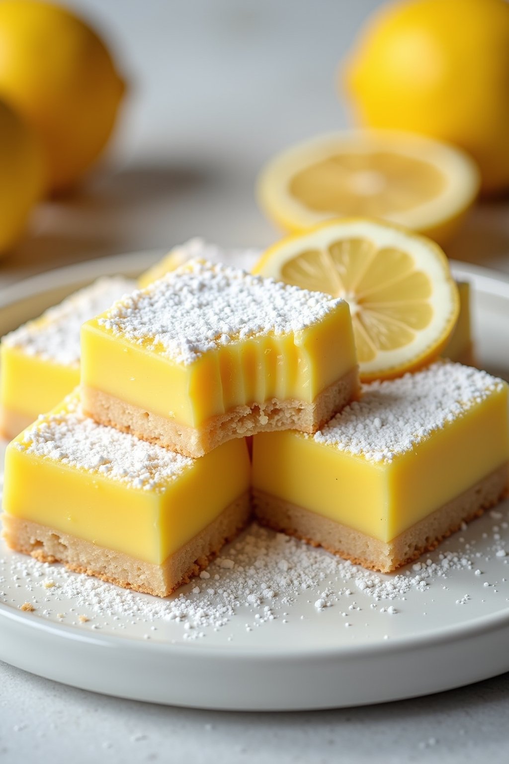 Beautiful plate of lemon bars dusted with powdered sugar on a white serving plate, golden shortbread crust with bright yellow lemon custard layer, one bar bitten showing the silky filling, fresh le...