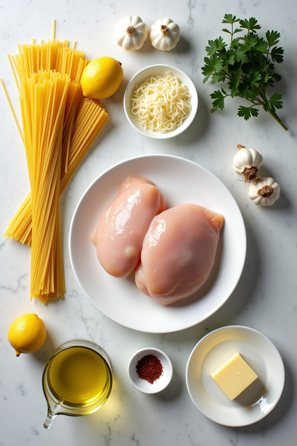 Flat lay of lemon butter pasta ingredients — raw chicken breast, spaghetti bundle, whole lemons, head of garlic, block of Parmesan cheese, butter on a dish, small bottle of olive oil, bunch of fres...