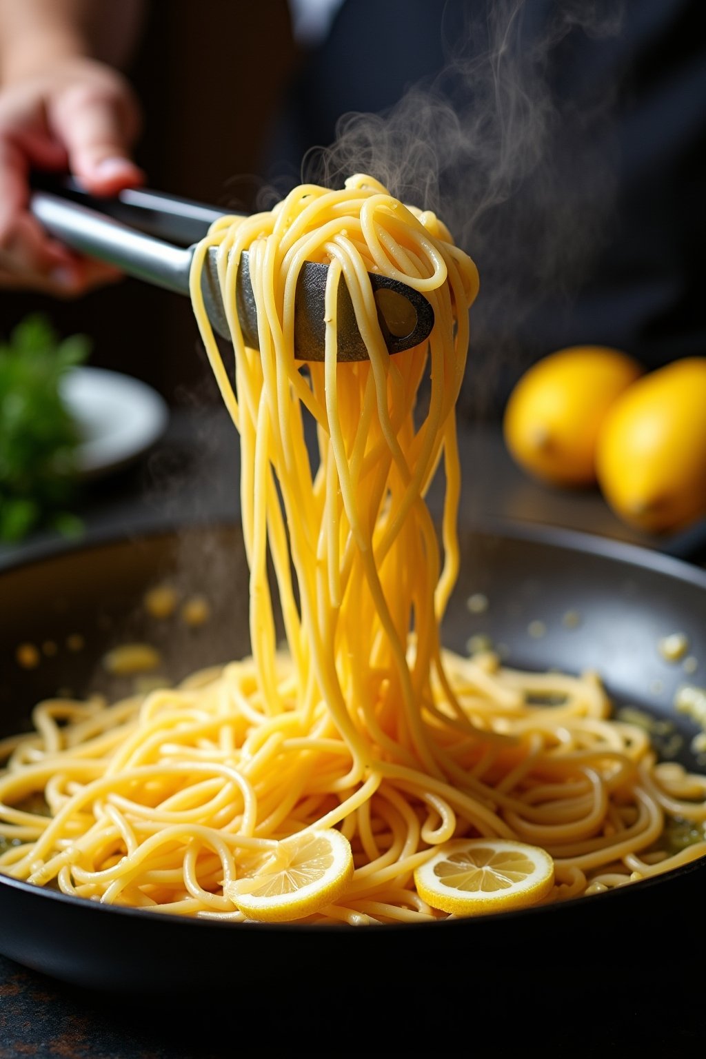 Action shot of tongs tossing spaghetti in a large skillet with glossy lemon butter sauce, pasta being lifted and twirled, sauce glistening and coating the strands, thin garlic slices visible, steam...
