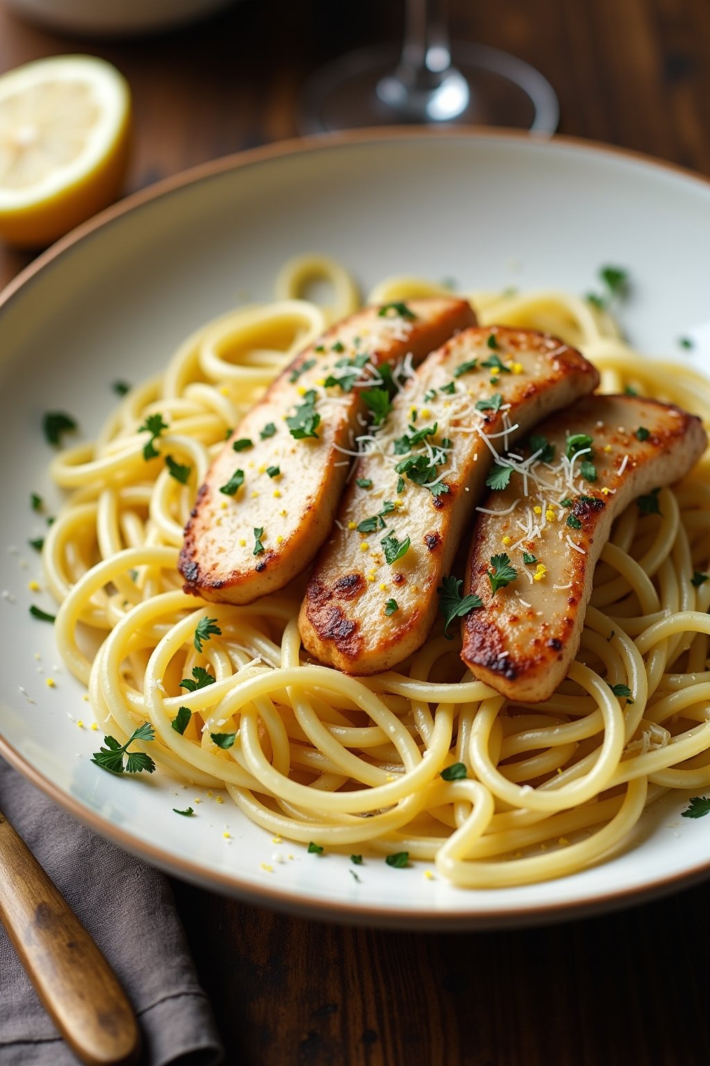 Lemon butter garlic chicken pasta in a large white pasta bowl, golden seared chicken slices on top of glossy spaghetti coated in silky lemon butter sauce, thin golden garlic chips visible, fresh pa...
