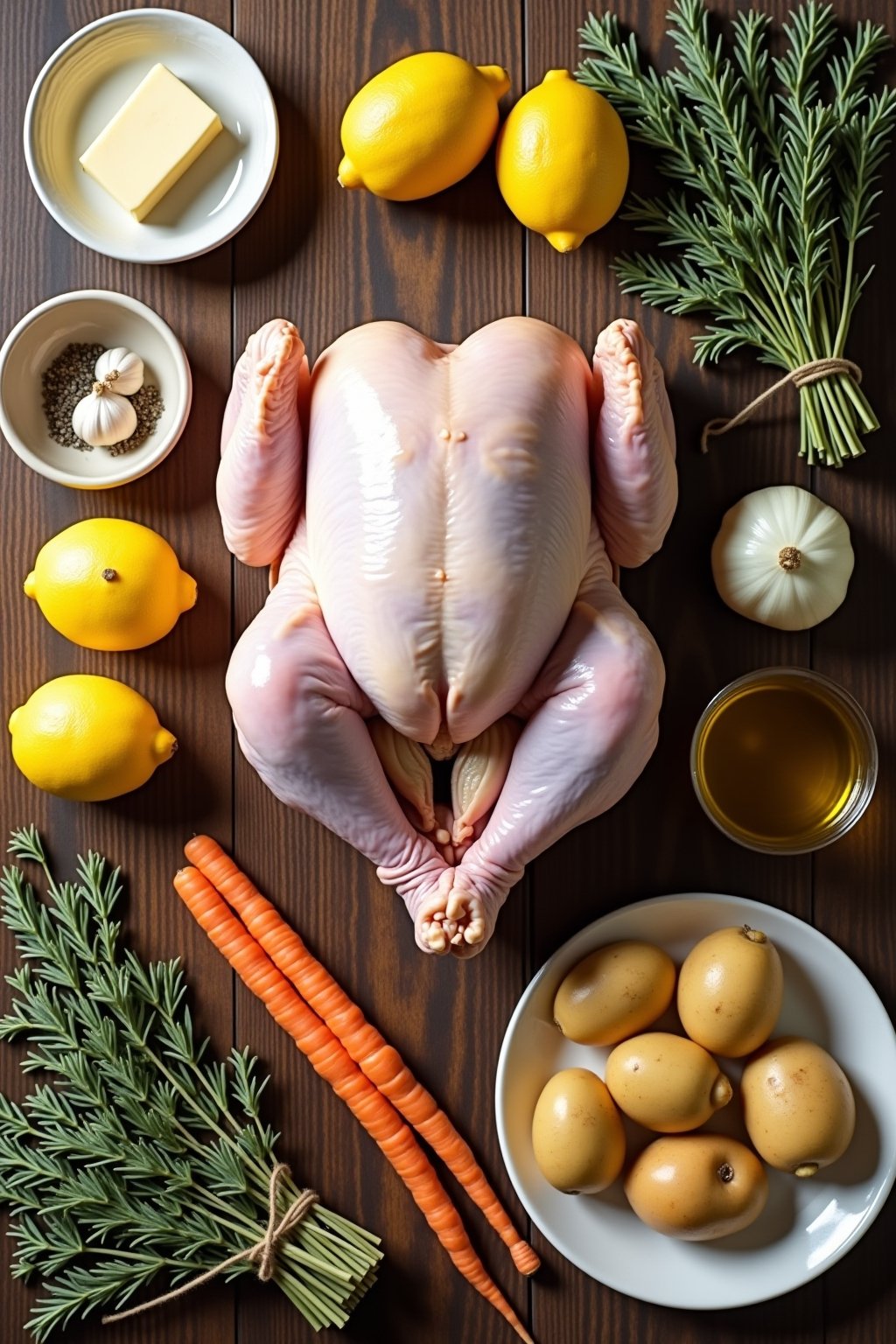 Roasted chicken ingredients laid out on a wooden surface
