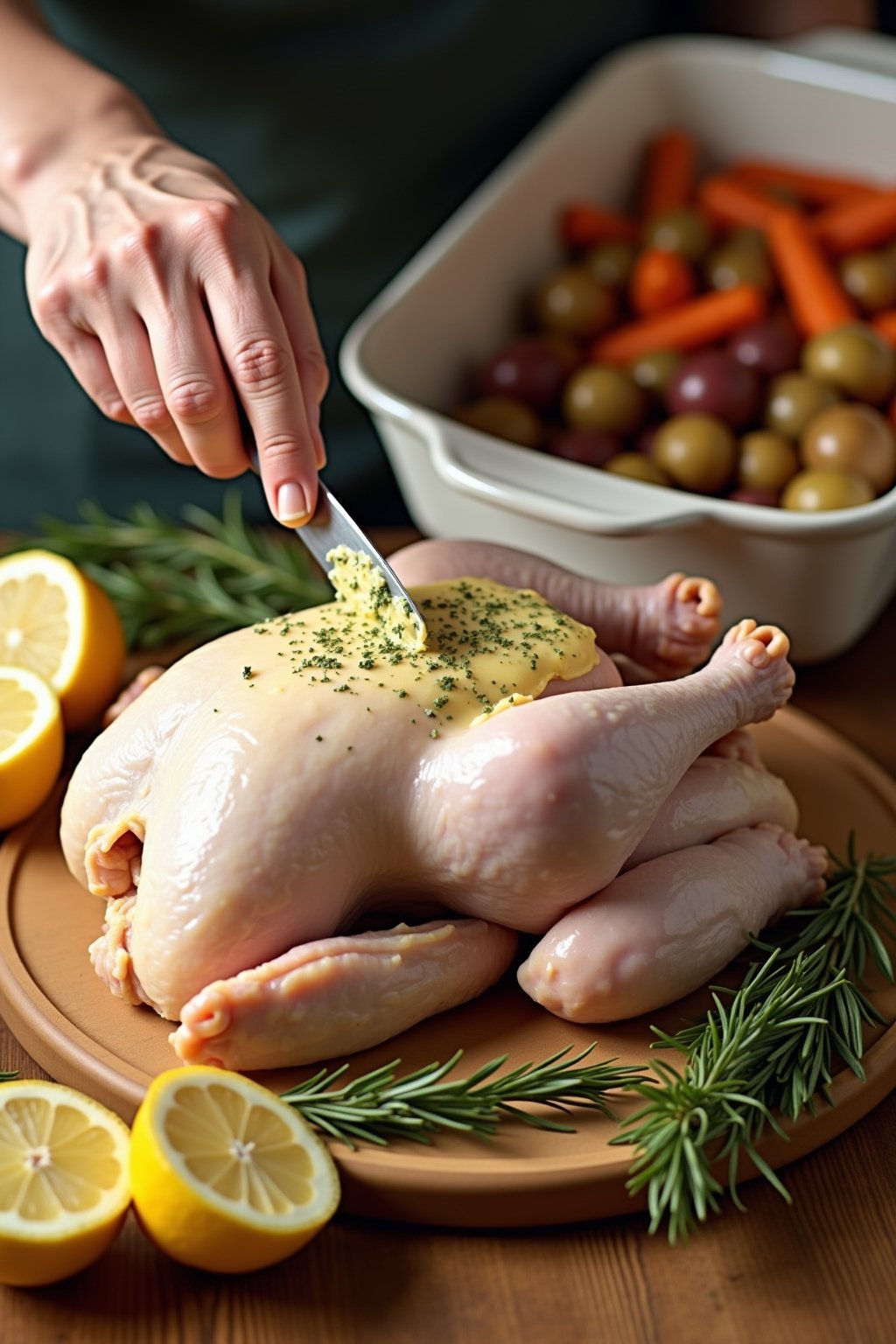 Action shot of hands spreading herb butter under the skin of a raw whole chicken on a cutting board, golden herb butter mixture visible, fresh lemon halves and rosemary sprigs nearby, roasting pan ...