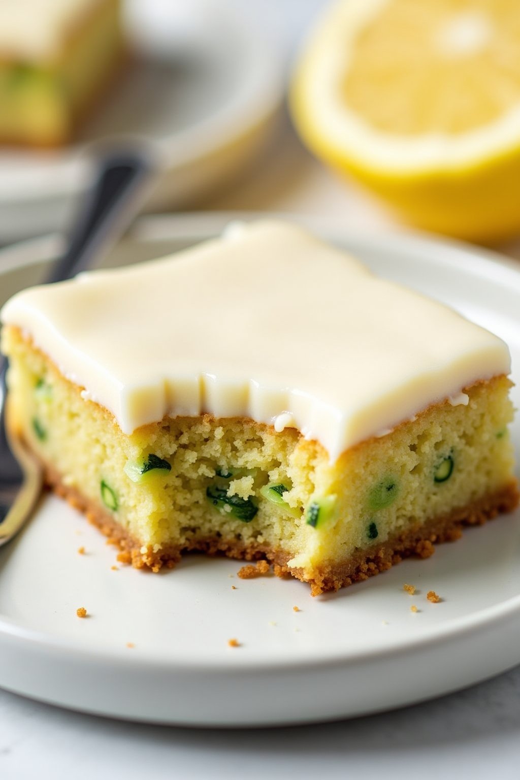 A close-up of a single lemon zucchini bar with a bite taken out of it showing the moist tender crumb with tiny flecks of green zucchini visible inside, thick cream cheese glaze on top, the bar sitt...