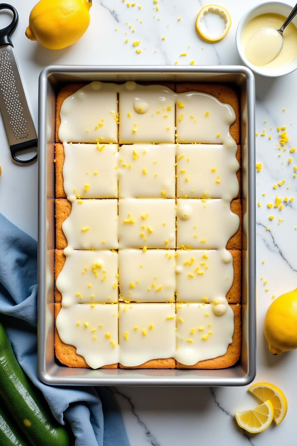 Overhead view of a full 9x13 baking pan of lemon zucchini bars with cream cheese glaze spread across the top, scored into a grid of 16 bars, a microplane grater with a lemon beside the pan, a small...