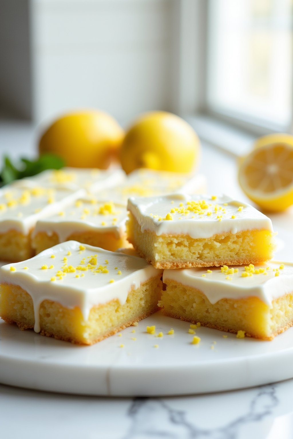 Lemon zucchini bars cut into neat squares on a white marble board, each bar topped with thick white cream cheese glaze dripping slightly down the sides, bright yellow lemon zest sprinkled on top, t...