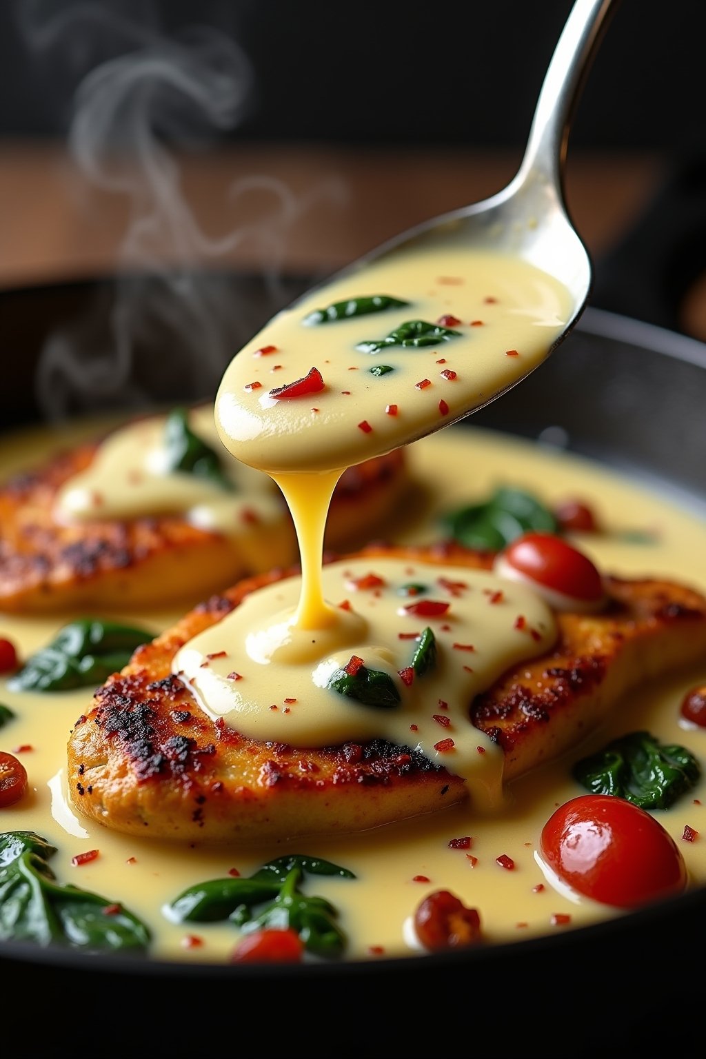 A close-up action shot of a spoon drizzling creamy garlic Parmesan sauce over a golden seared chicken breast in a cast iron skillet, showing the thick velvety sauce with visible sun-dried tomato pi...