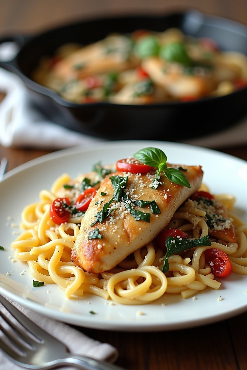 A plated serving of Marry Me Chicken on a white ceramic plate: a sliced golden chicken breast fanned out over a bed of angel hair pasta, topped with creamy garlic tuscan sauce with sun-dried tomato...