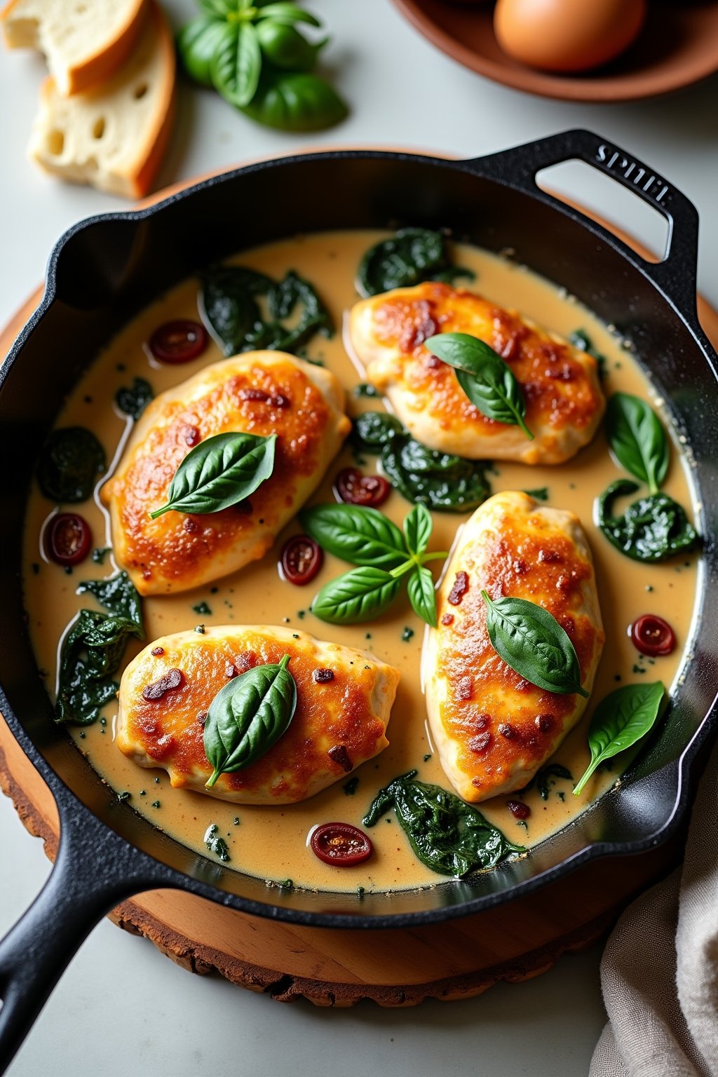 A beautiful skillet of Marry Me Chicken showing four golden pan-seared chicken breasts nestled in a creamy garlic Parmesan sauce with sun-dried tomatoes, wilted spinach, and fresh basil leaves, the...