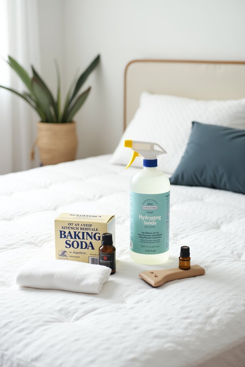 Flat lay of mattress cleaning supplies on white surface: spray bottle with hydrogen peroxide, box of baking soda, white microfiber cloths, small bottle of essential oil, vacuum upholstery attachment, bright, organized and minimal