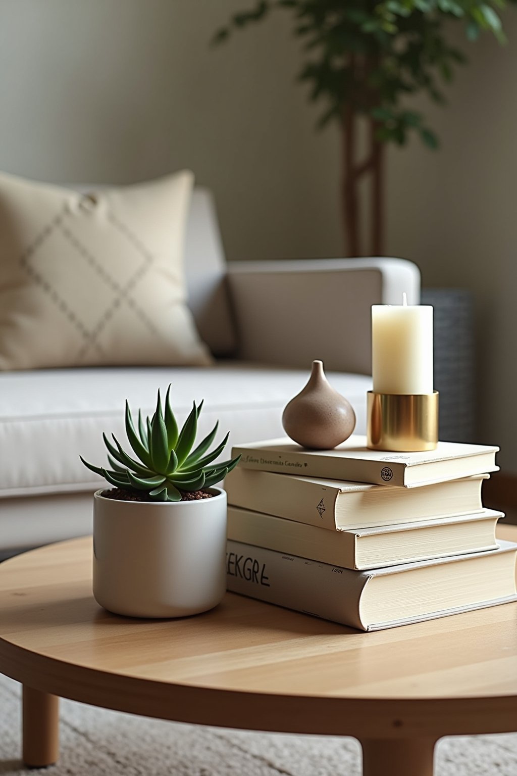 Close-up of styled coffee table after micro-makeover, three items arranged in a group: stack of books with small ceramic vase on top, single taper candle in brass holder, small succulent plant, sha...