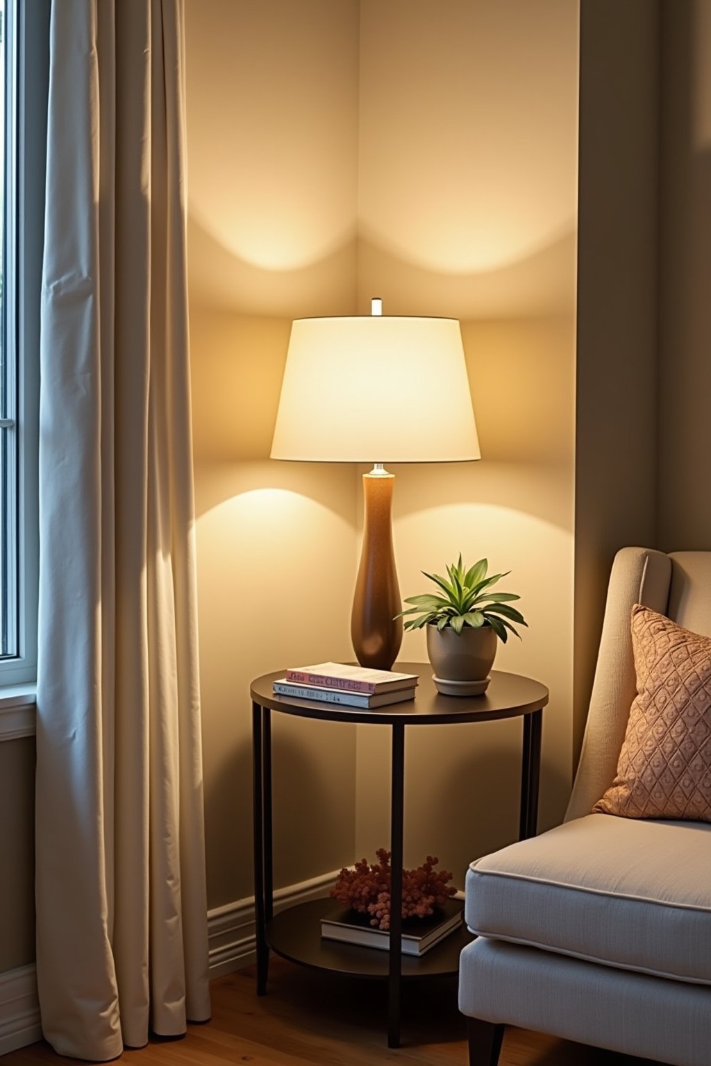 Before and after angle of a room corner showing micro-makeover impact, warm lamp light illuminating a newly styled side table with one plant and one book, fresh throw pillow on nearby chair, warm i...