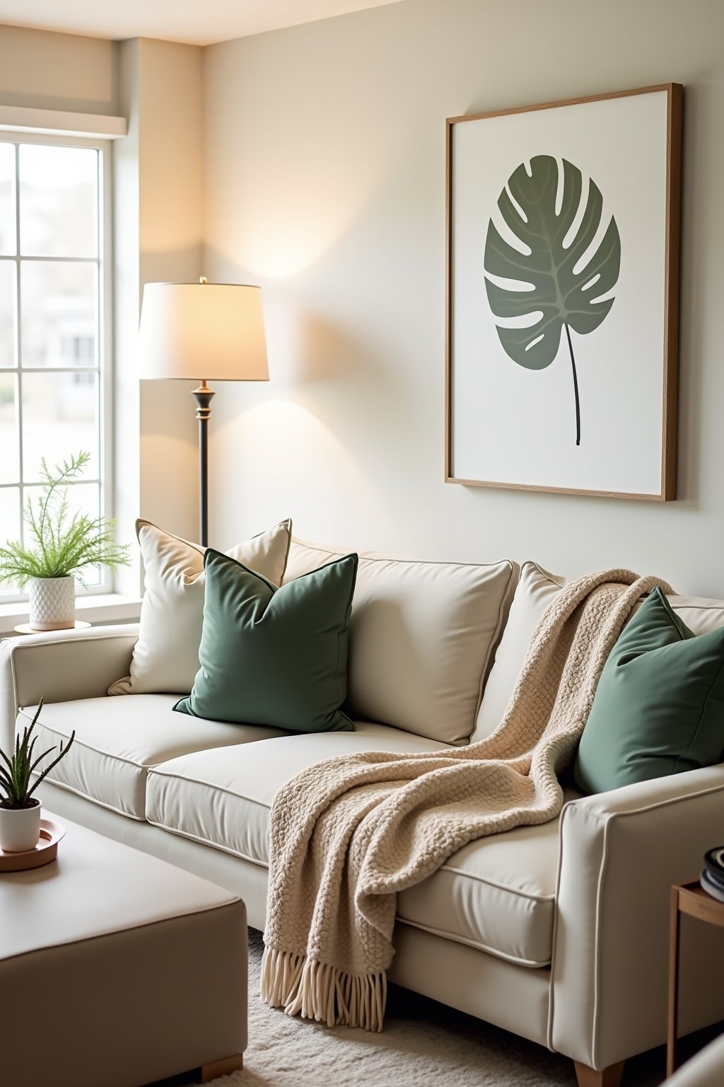 A beautifully styled living room showing a completed micro-makeover, sage green and cream throw pillows on a neutral sofa, warm knit throw blanket draped over arm, one large framed art print on wal...