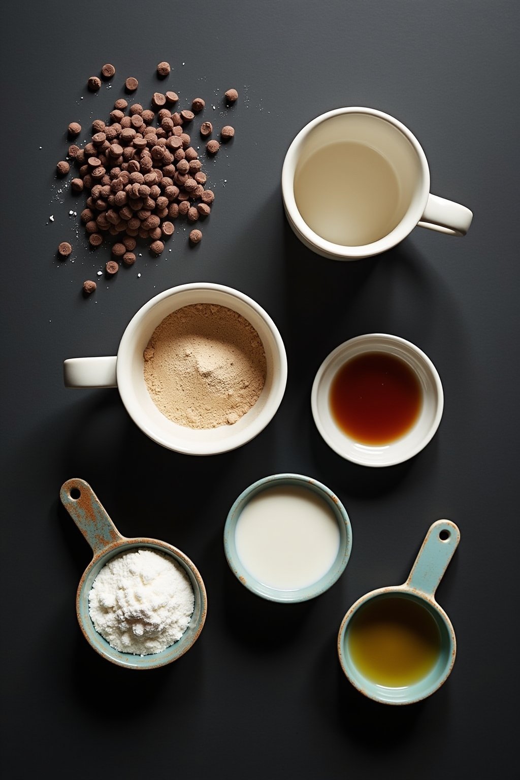 Flat lay of mug cake ingredients on a dark counter, empty large white mug, small bowls of flour cocoa powder and sugar, chocolate chips, milk, oil, measuring spoons, simple minimal ingredients, ove...