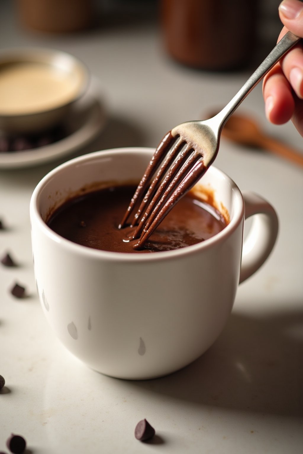 Action shot of stirring mug cake batter in a white mug with a fork, chocolate batter being mixed with visible chocolate chips, simple kitchen counter scene, warm evening lighting, casual cozy food ...