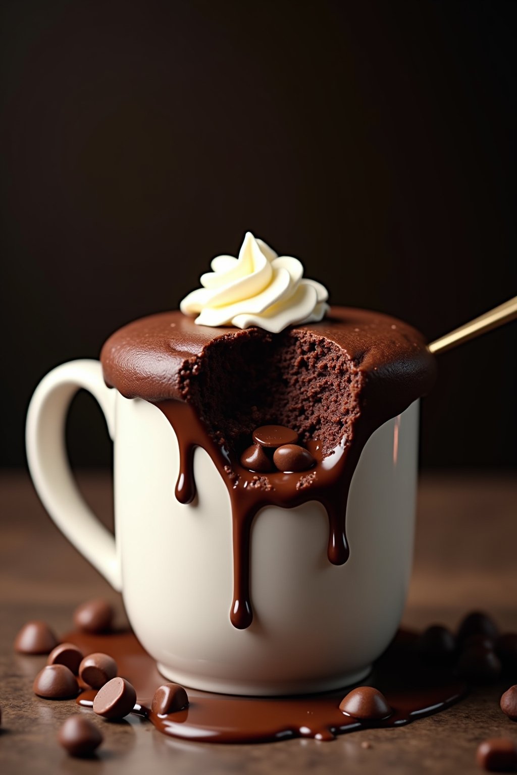 Chocolate mug cake in a large white mug overflowing slightly, rich dark chocolate cake with melted chocolate chips visible, topped with a dollop of whipped cream, warm gooey interior visible where ...