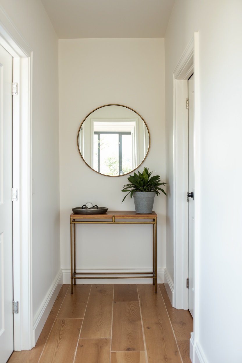 Round gold-framed mirror hung in narrow entryway above slim console table, reflecting the hallway beyond, small potted plant and decorative tray on console, bright and spacious feeling despite small space
