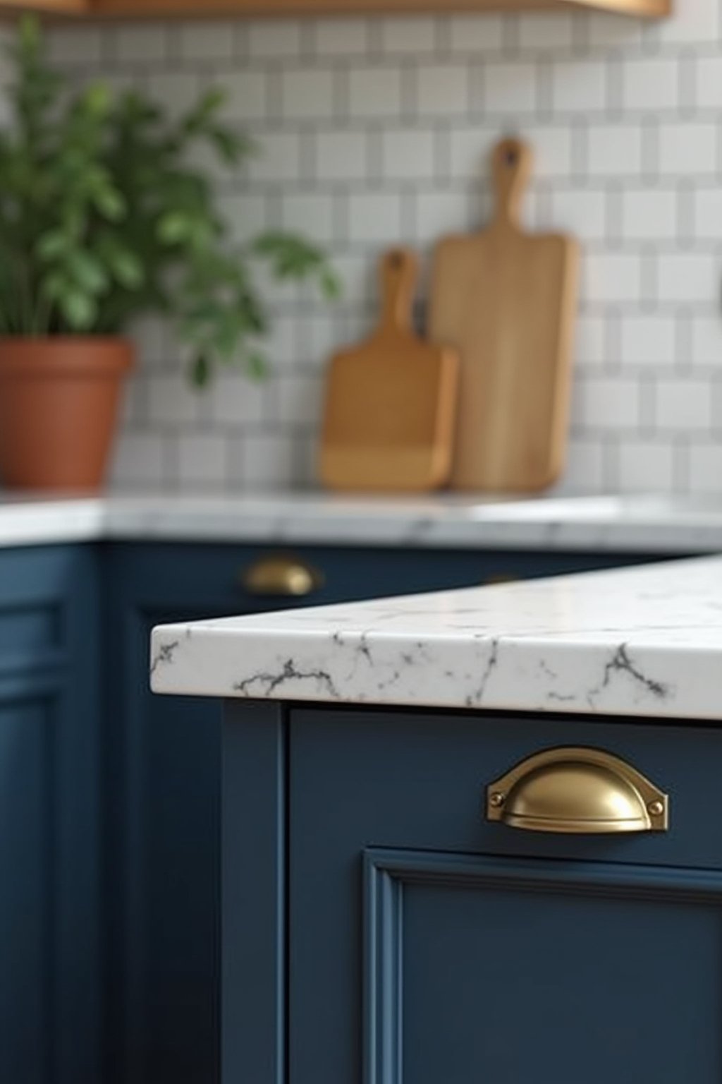 Close-up of moody blue kitchen styling details, brass cabinet pull on navy blue painted cabinet door, white marble countertop corner, small herb plant in terracotta pot, wooden cutting board leanin...