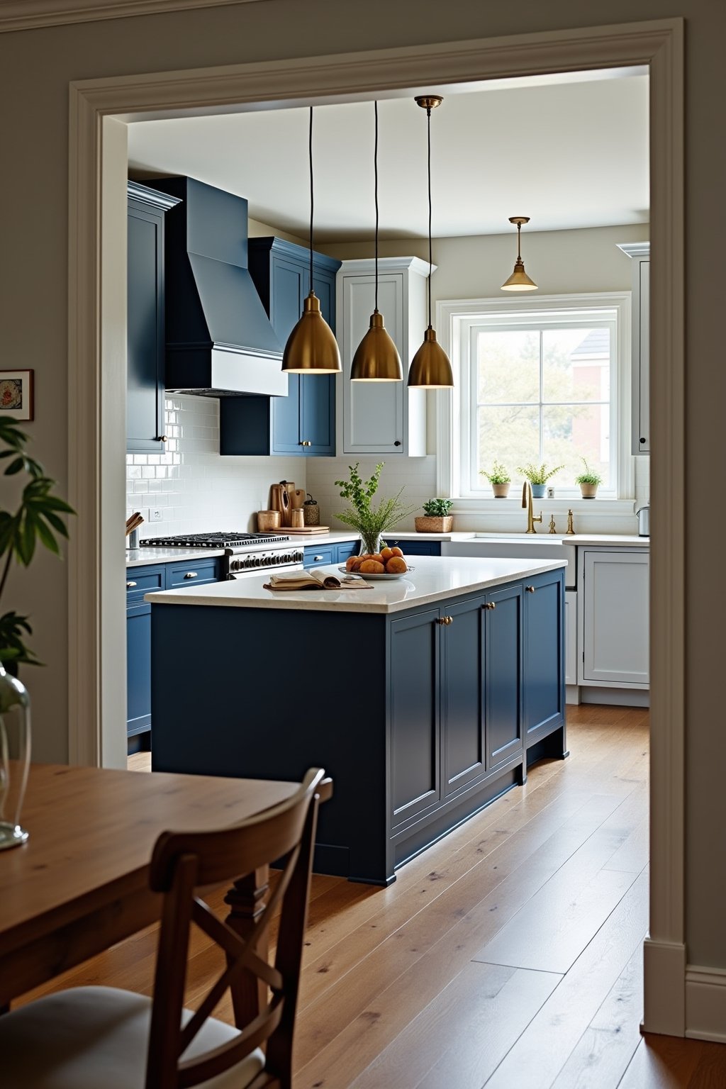 View from dining area looking into a moody blue kitchen showing full layout and depth, navy blue island in foreground with brass pendant lights above, white perimeter cabinets in background, natura...