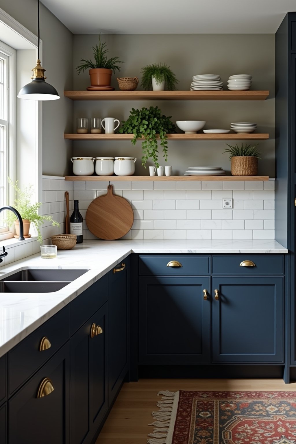 A moody dark navy blue kitchen with painted lower cabinets in deep midnight blue, brass cup pull hardware, white marble countertops, white subway tile backsplash, warm wood open shelving with white...
