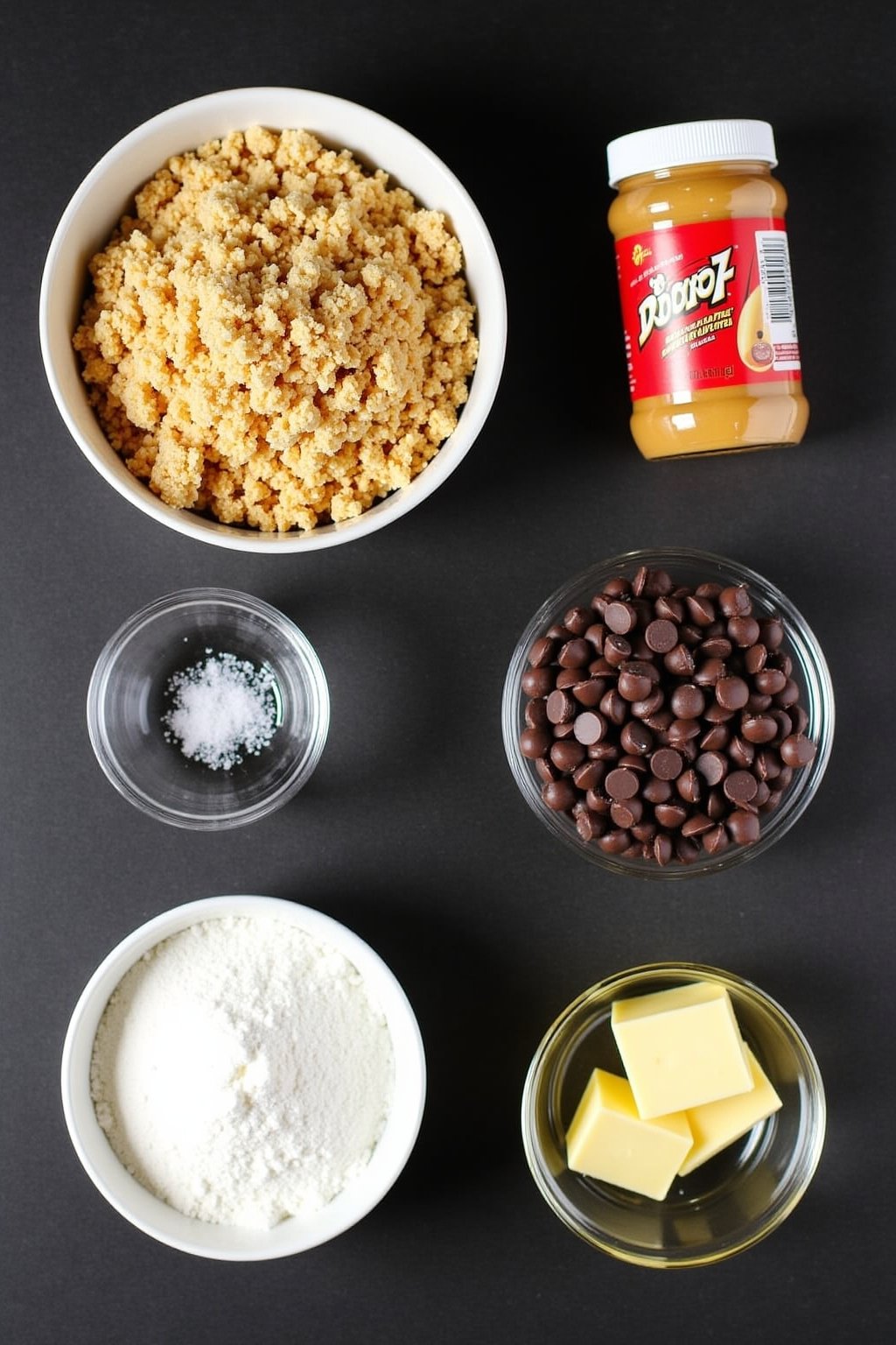 Flat lay of no-bake chocolate peanut butter bar ingredients on a dark surface, bowl of graham cracker crumbs, jar of peanut butter, melted butter in a bowl, powdered sugar, chocolate chips, coconut...
