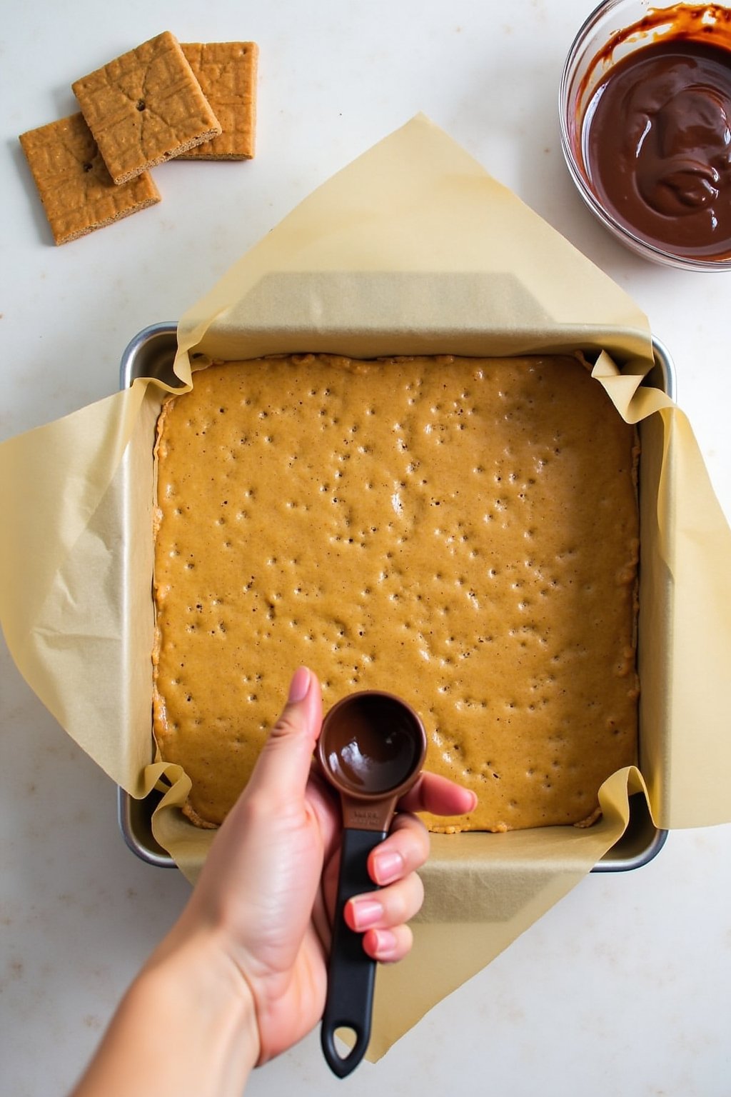 Action shot of pressing peanut butter graham cracker mixture into a parchment-lined baking pan using the back of a measuring cup, firm golden base being smoothed out, bowl of melted chocolate nearb...