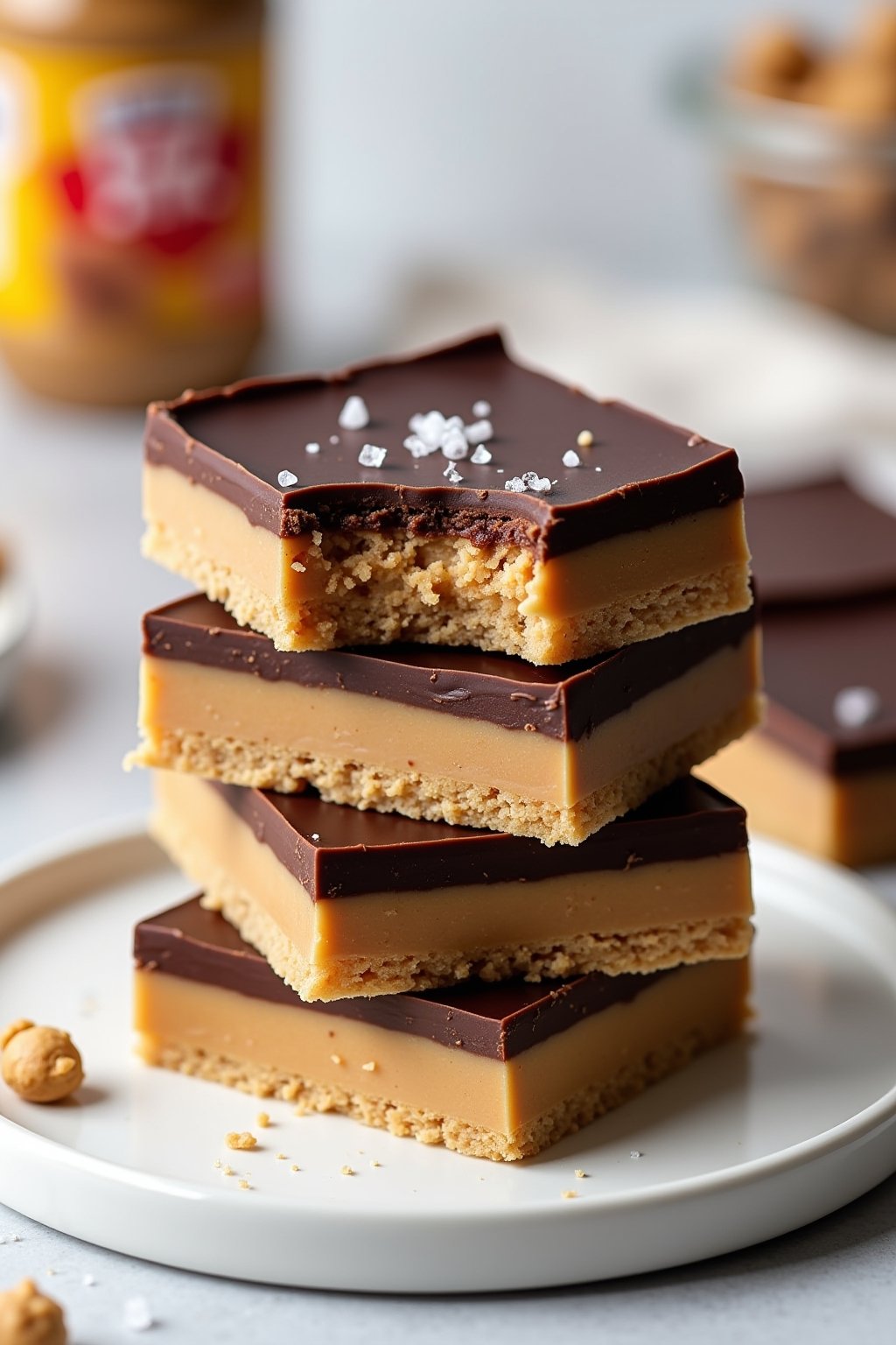 Stack of no-bake chocolate peanut butter bars on a white plate, thick peanut butter base layer with glossy chocolate top layer, one bar bitten showing the layers, flaky sea salt on top, scattered g...