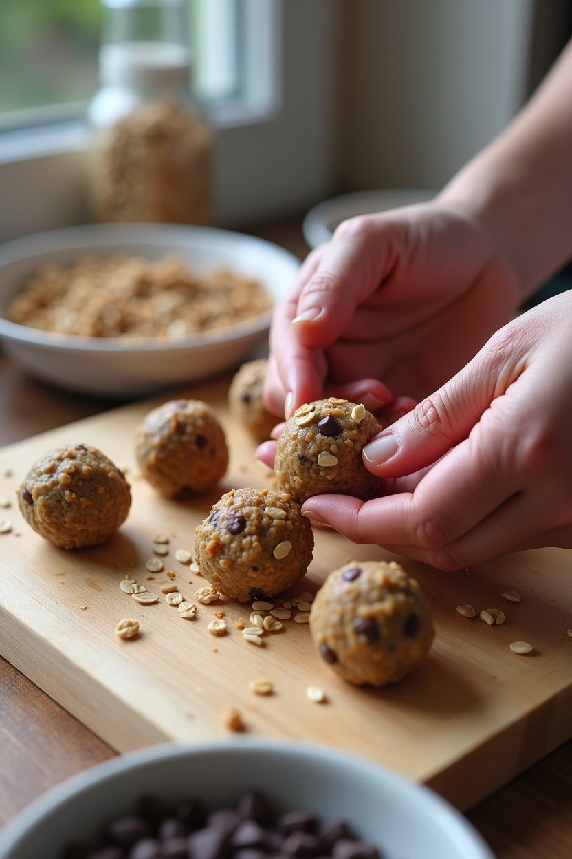 Hands rolling energy bite mixture into balls, bowl of mixture in background showing oats and chocolate chips, kitchen preparation scene